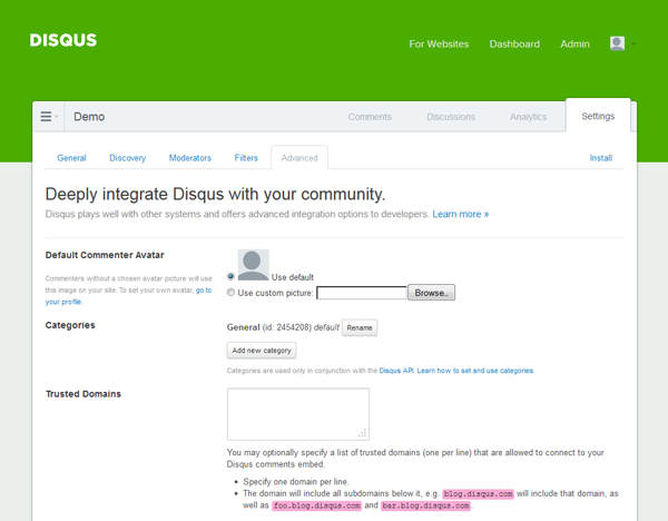 Disqus dashboard.