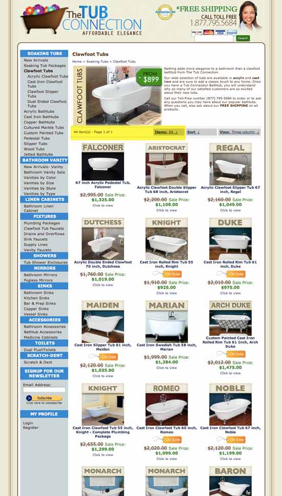 The Tub Connections main category page where tubs are sorted by brand.