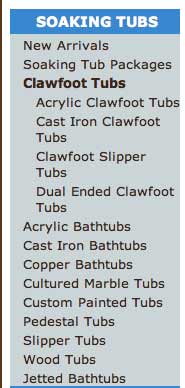 The Tub Connections clawfoot tub menu listing types of soaking tubs