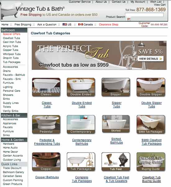 Vintage Tub and Baths website offering limited choices based on finely honed categories.