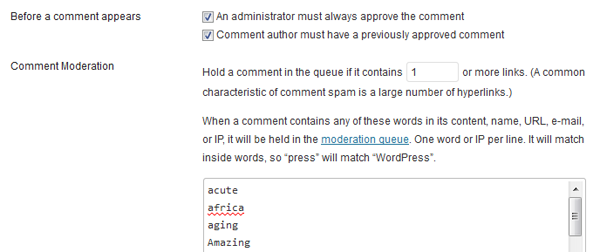 Example of WordPresss built in comment moderation and spam filtering.