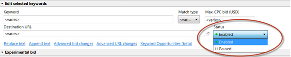 AdWords Editor makes it easy to pause keywords.