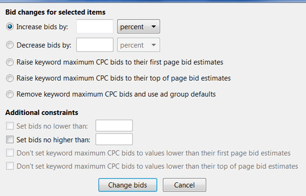 AdWords Editor bulk bid changes offers several options.