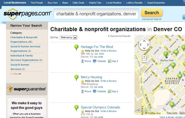 Superpages.com results for Charitable and Nonprofit Organizations in downtown Denver.