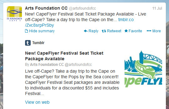 Sites with Twitter Cards installed receive a summary link with text and images in tweets.