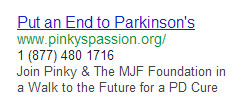 Pinkys Passion for a Parkinsons Cure PPC Ad.