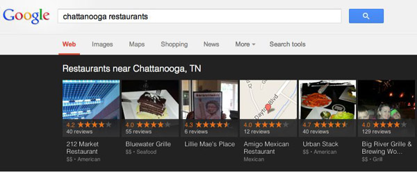 Googleâs new local carousel featuring restaurants in Chattanooga, TN.
