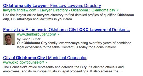 Search engine results page shows how authorship listing can stand out among the others presented.