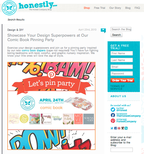 Honest Company hosts pinning parties and promotes them on its blog.
