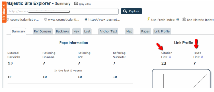 Majestic Site Explorer results example.