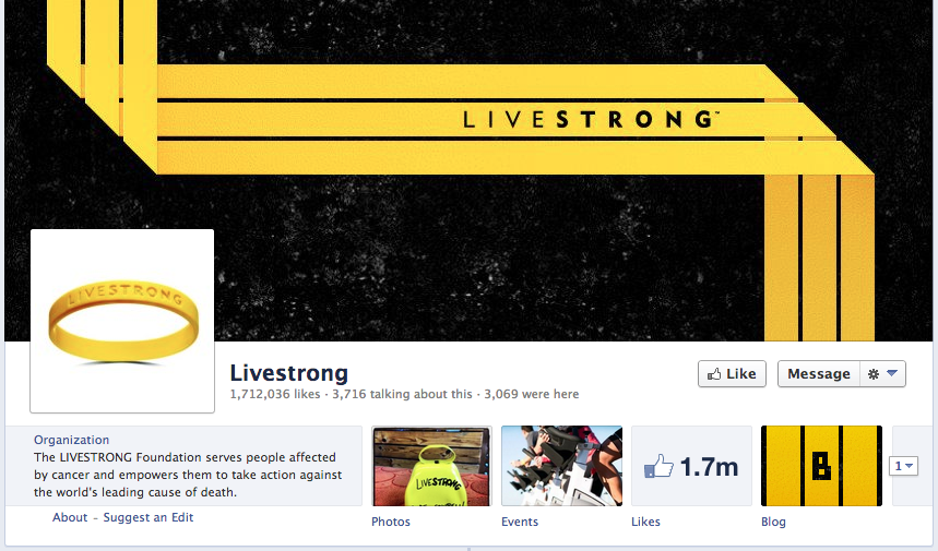 Livestrongs previous cover photo drawing attention to its blog link.
