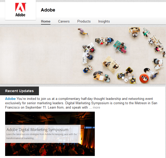 Adobes LinkedIn homepage image both represents its corporate culture and promotes its Creative Cloud software.