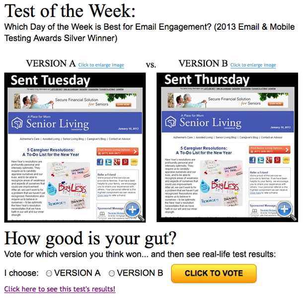 This test from WhichTestWon.com pitted an email mailed on Tuesday against an email mailed on Thursday.