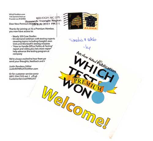 Direct mail postcard welcoming you to Which Test Wonâs premium service