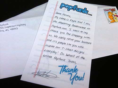 A handwritten thank you note for a purchase â sincere and low-key.