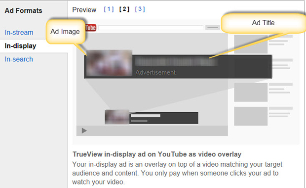 In-display ads appear as overlays on embedded YouTube videos within the Google Display Network.